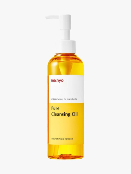 Manyo Factory Cleansing Oil bottle of orange cleansing oil with white pump on light gray background