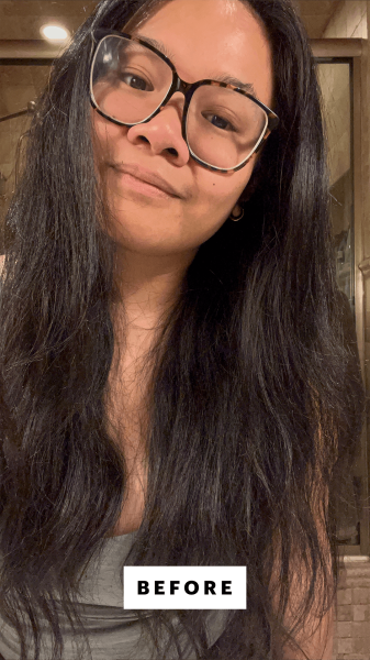 Allure senior beauty editor Jesa Marie Calaor before using the Pantene Extreme Damage Care Regenerative Oil Blend Shampoo